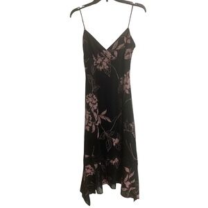 Zinc Pink Floral Y2K Black Mesh Midi Slip Dress Lace Trim Handkerchief Hem Small